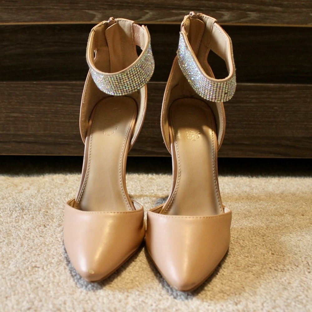 Charlotte Russe Tan Heels with Rhinestone Strap